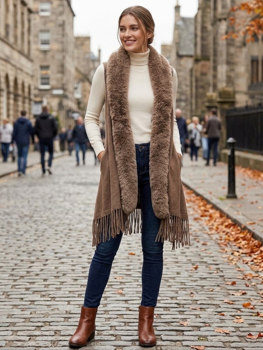 Desheng Faux Fur Trim Fringed Sleeveless Duster Cardigan Vest Brown One Size NWO